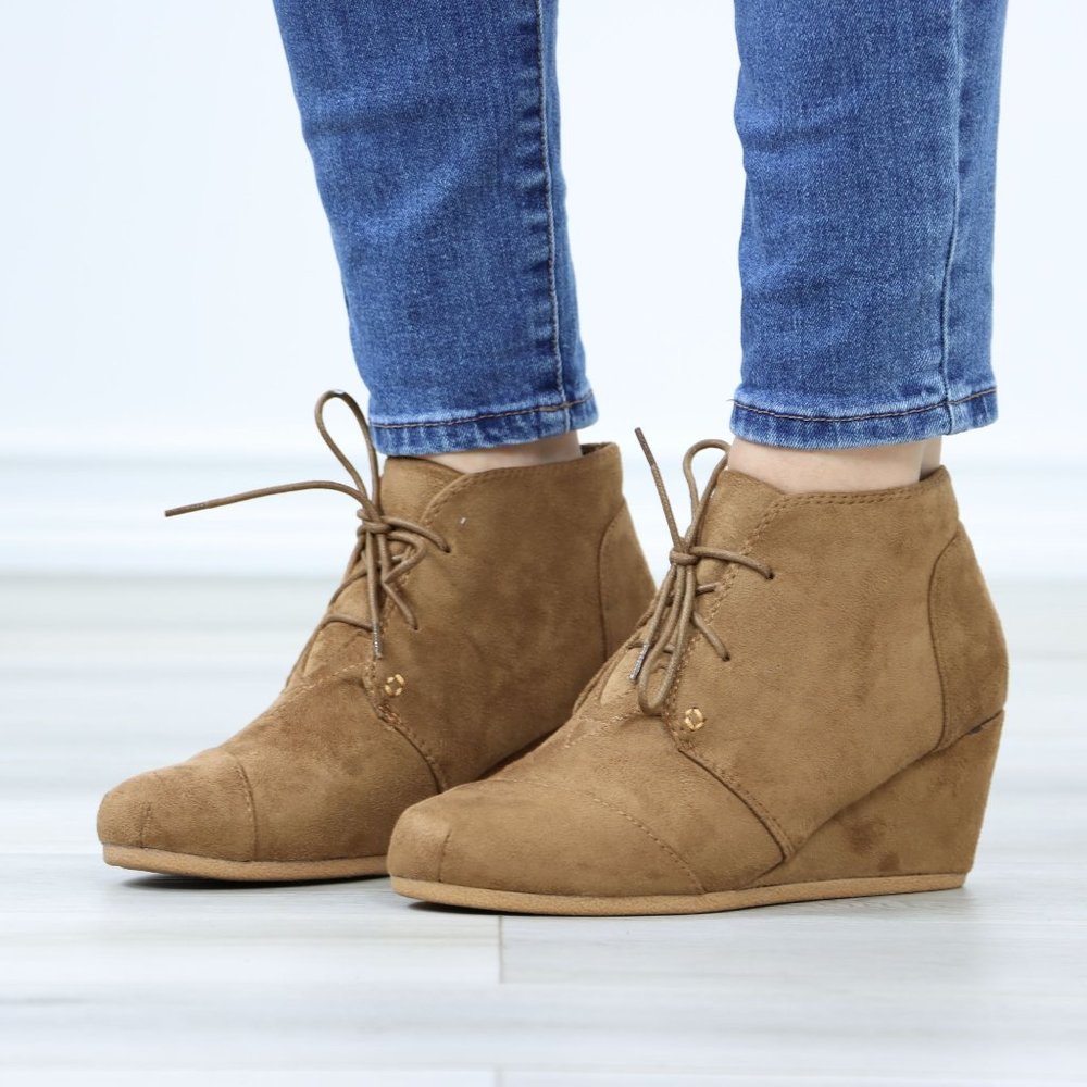 Tan Faux Suede Round Toe Wedge Heel Lace Up Ankle Boots